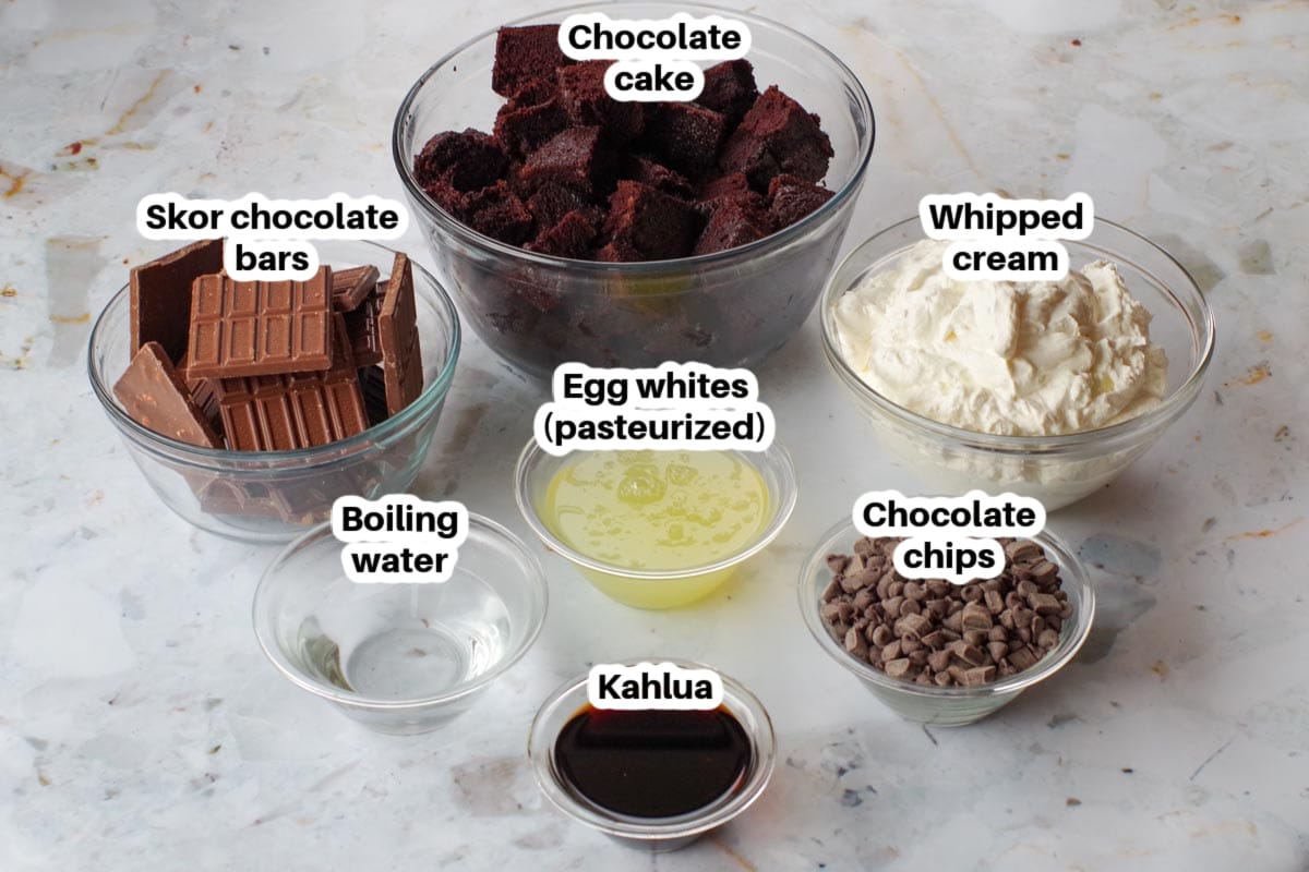 ingredients in death by chocolate trifle, in glass bowls, labelled