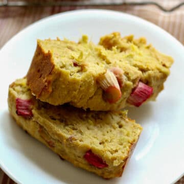 2 slices of rhubarb orange bread on a white plate