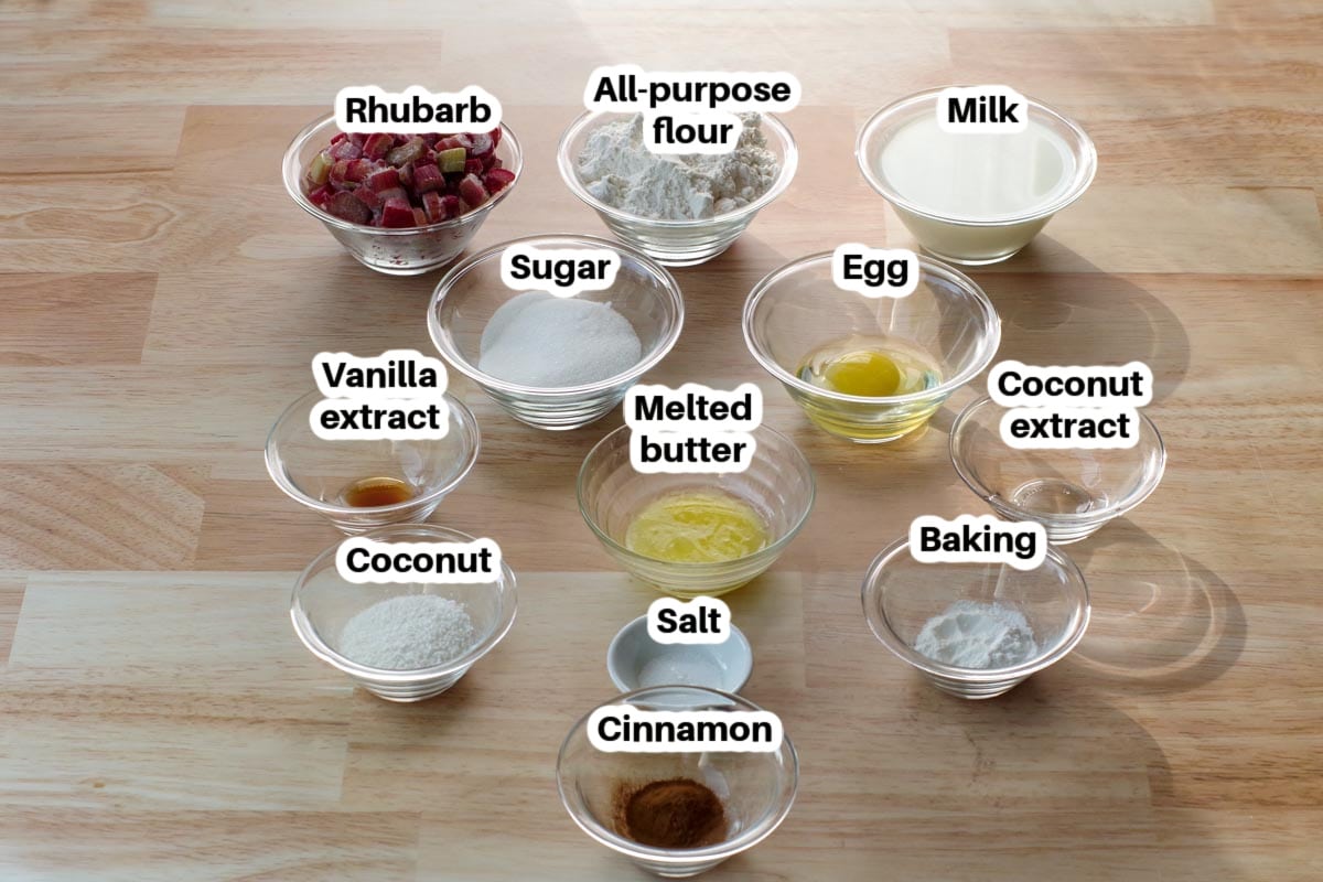 Rhubarb Pancake ingredients in glass bowls, labelled