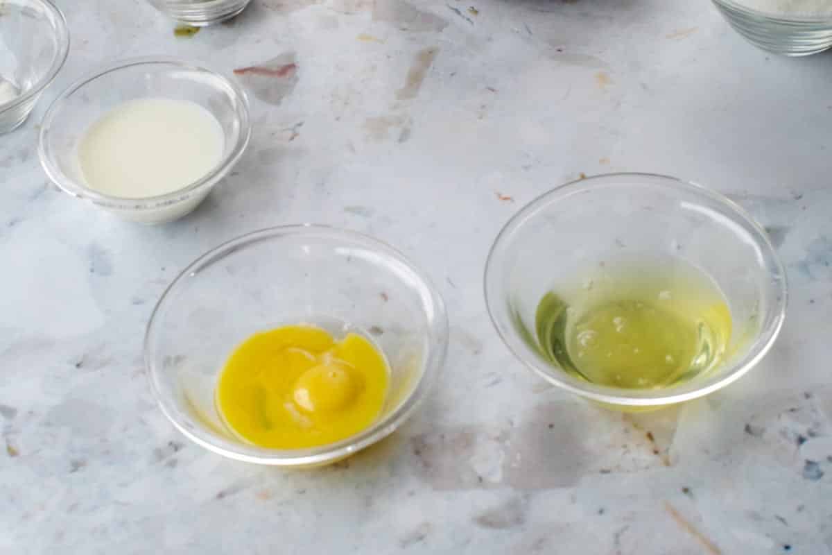 eggs separated in glass bowls