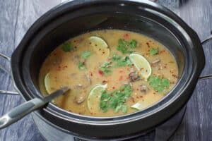 Slow Cooker Thai Chicken soup in slow cooker with soup ladle
