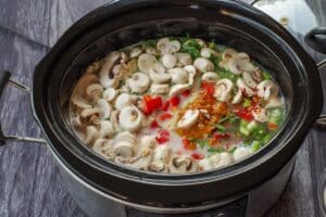 all ingredients in slow cooker thai chicken soup in slow cooker