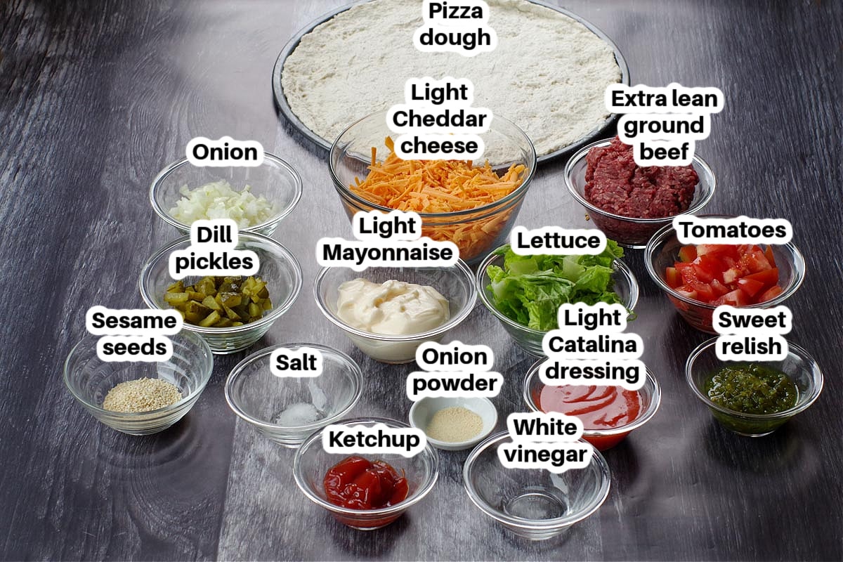 Ingredients in Big Mac Pizza in glass bowls, labelled