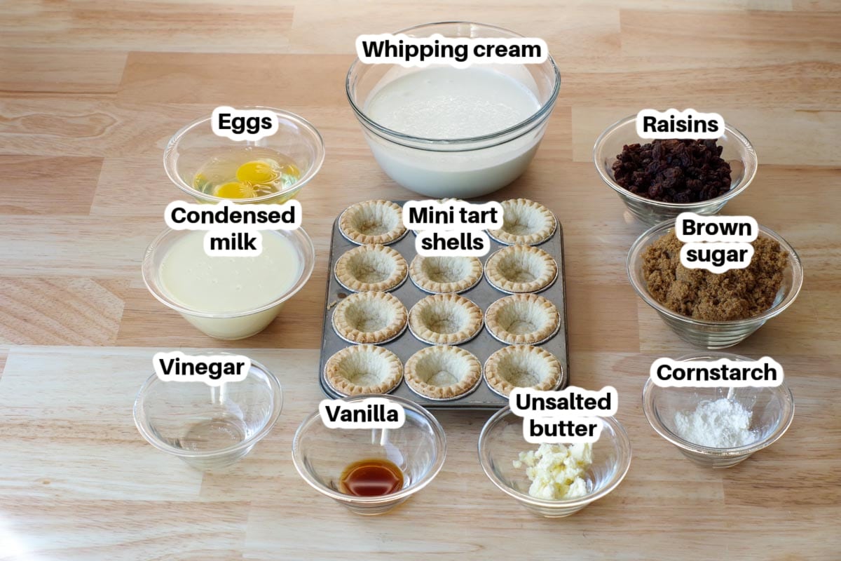Ingredients in butter tart ice cream in glass bowls, labelled