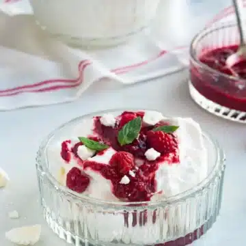 Raspberry Eton mess in a glass bowl