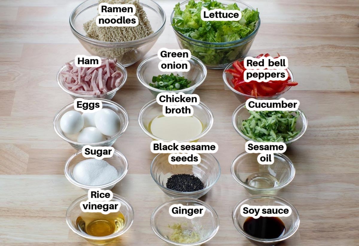 ingredients in Japanese cold noodle salad glass bowls, labelled