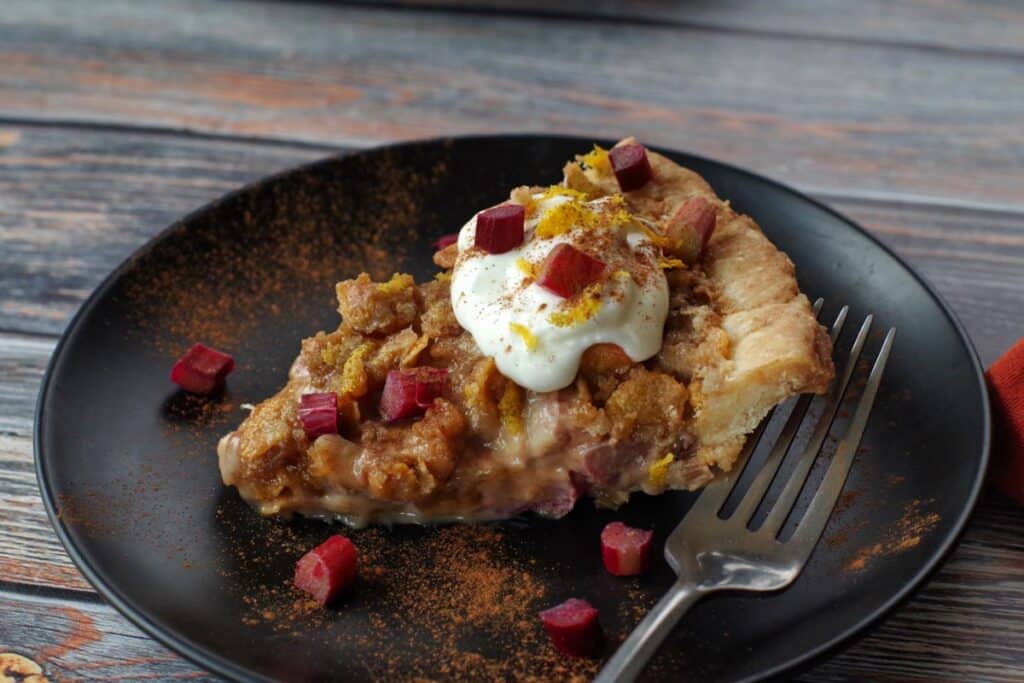 Rhubarb Sour Cream Pie Recipe (with Crunchy Topping) - Food Meanderings