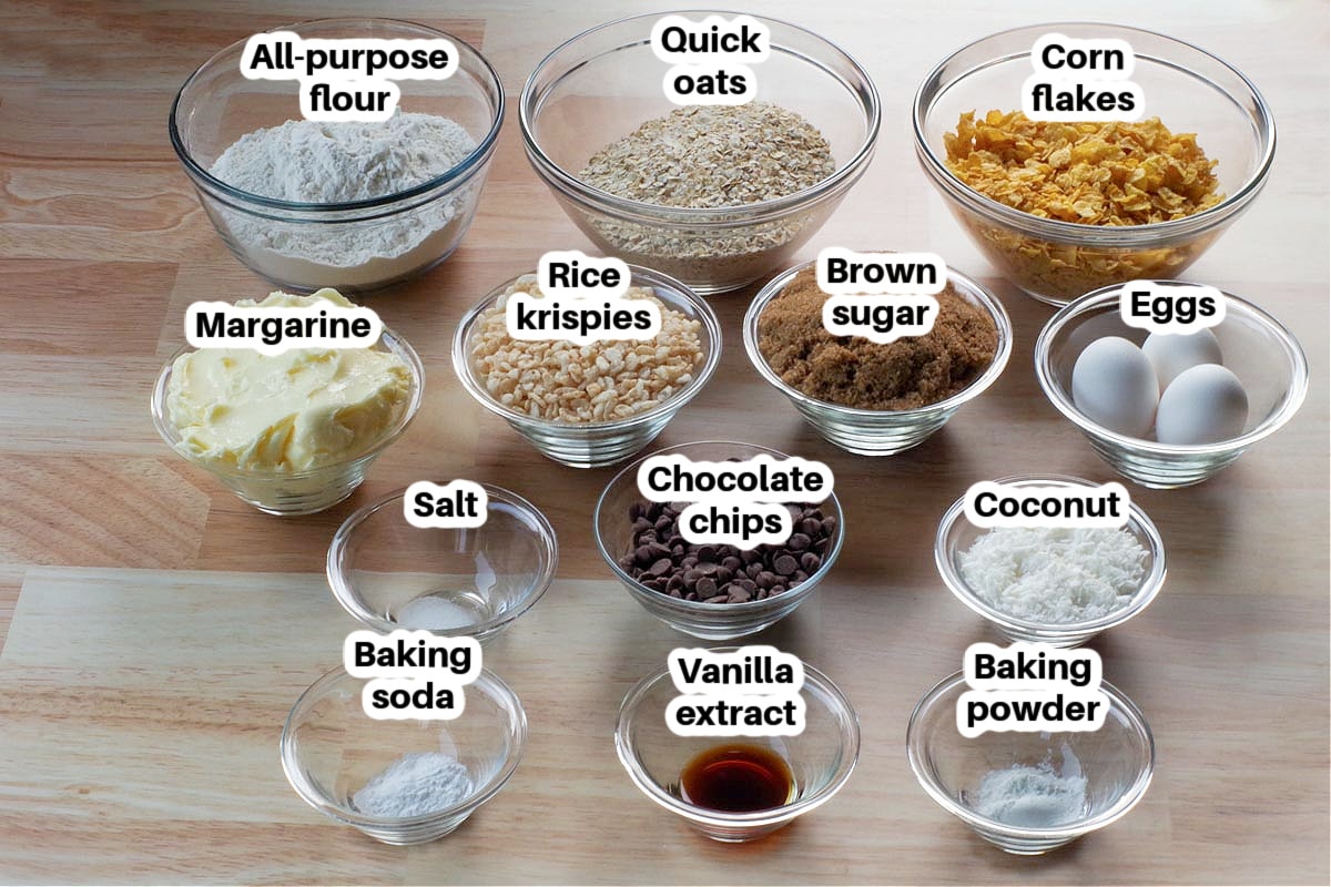 ingredients in school day cereal cookies in glass bowls, labelled