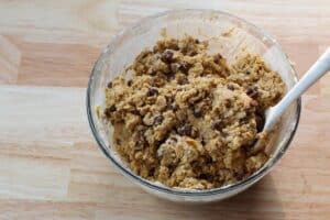 cookie dough in glass mixing bowl