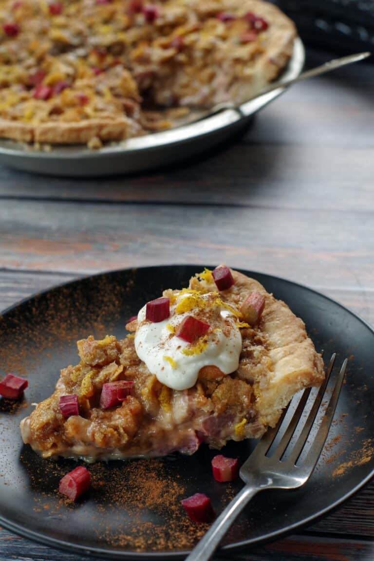 Rhubarb Sour Cream Pie Recipe (with Crunchy Topping) - Food Meanderings