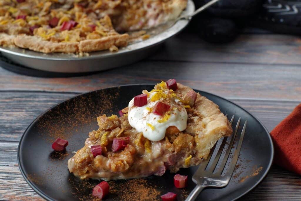 Rhubarb Sour Cream Pie Recipe (with Crunchy Topping) - Food Meanderings