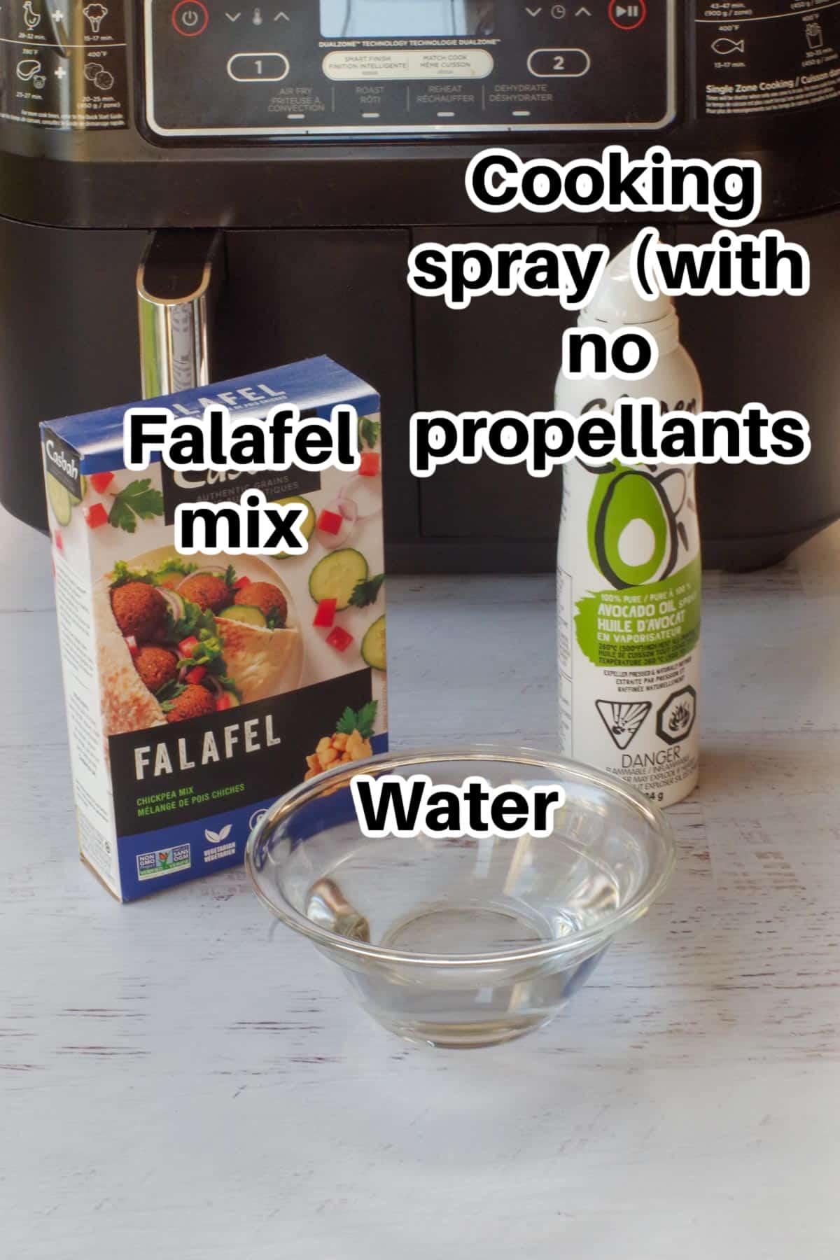 ingredients for air fryer falafels in front of an air fryer