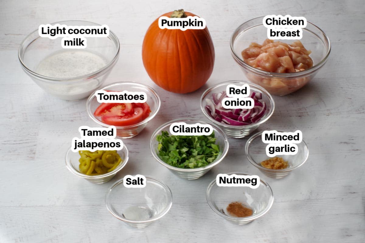 ingredients in Coconut Pumpkin Chicken in glass bowls, labelled
