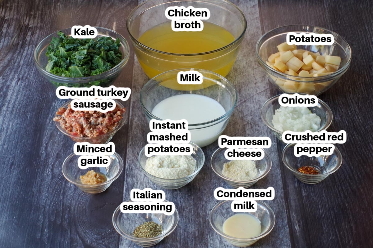 ingredients in slow cooker zuppa toscana in glass bowls, labelled