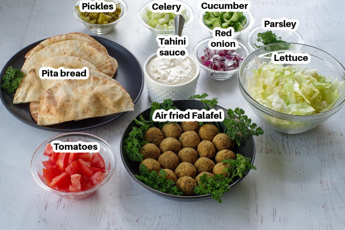 ingredients in air fryer falafel wrap, labelled in bowls