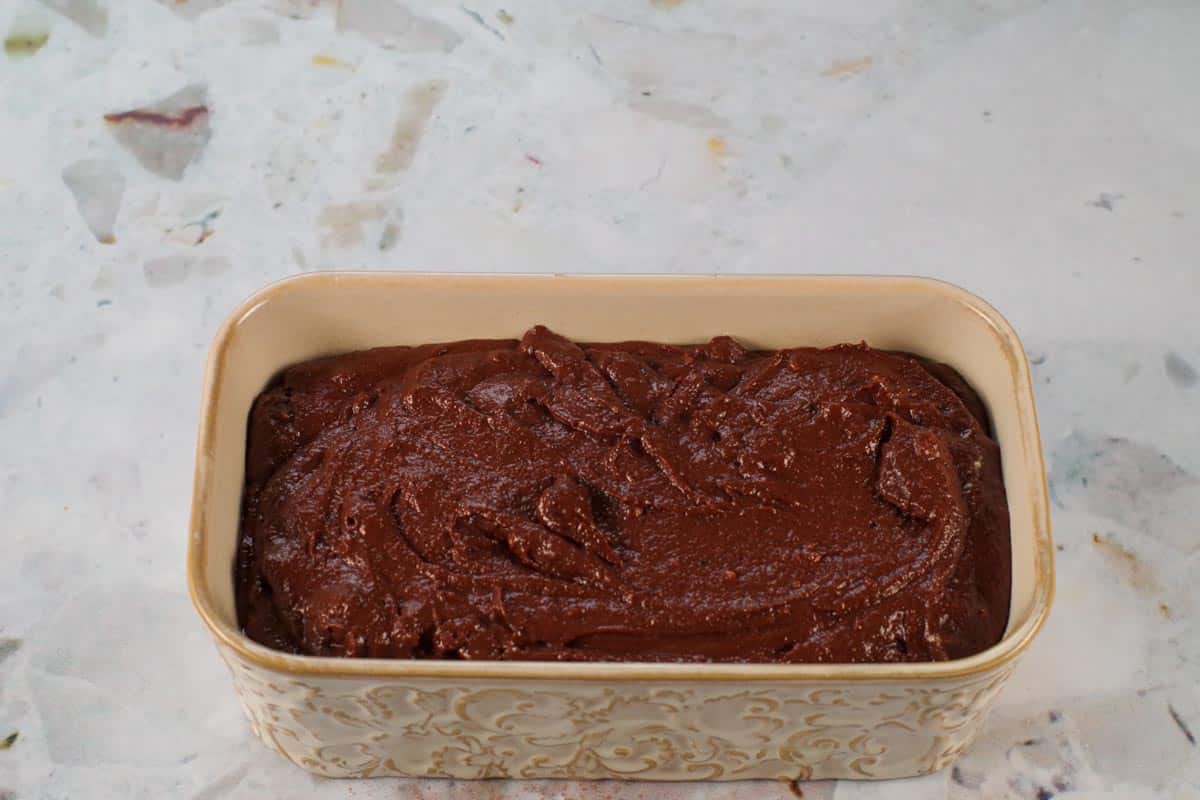 Chocolate blender zucchini loaf batter in loaf pan
