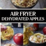 collage of 3 photos of air fryer dehydrated apples being used in different ways, with text in the middle