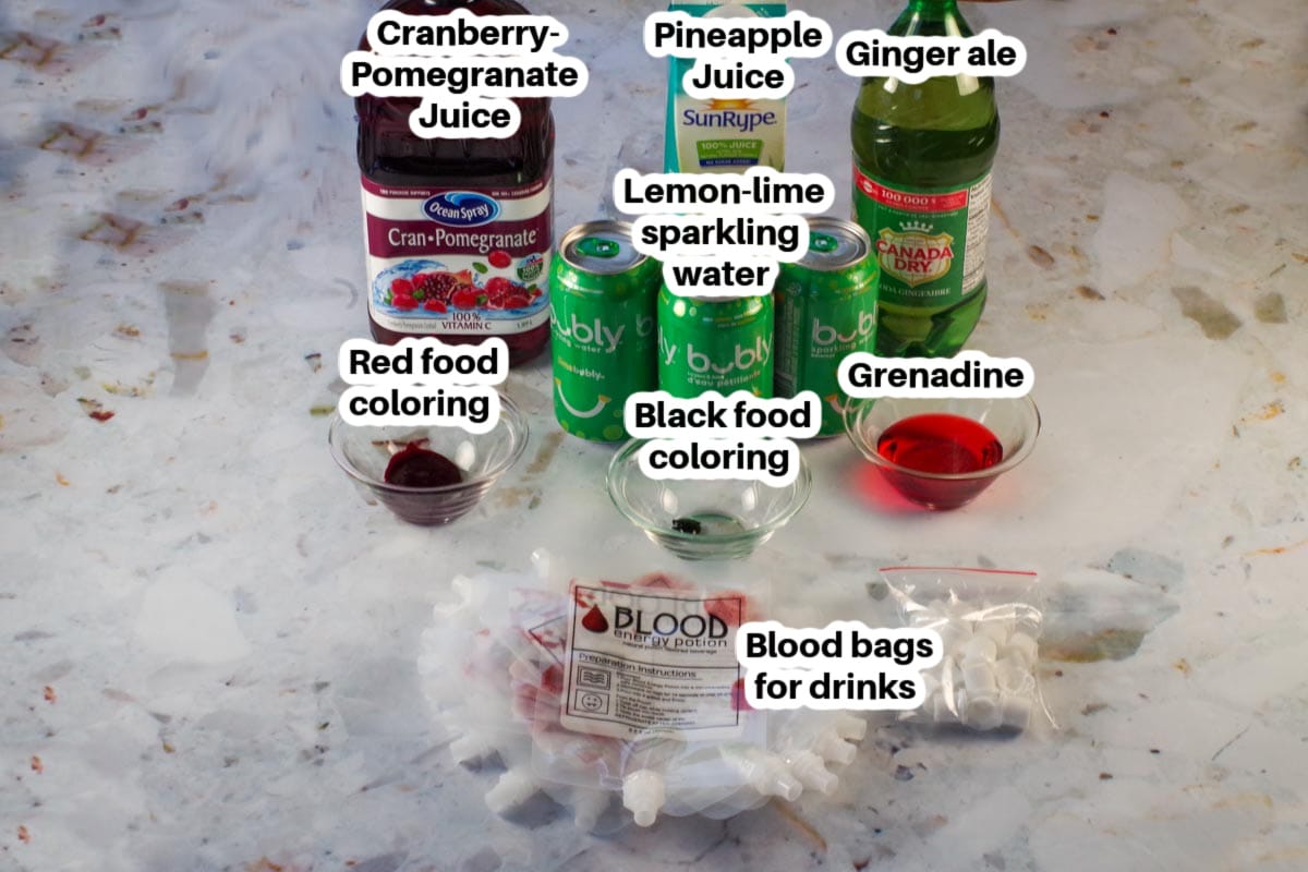 blood bag punch ingredients, labelled in containers and original packaging, as well as drink safe blood bags and lids