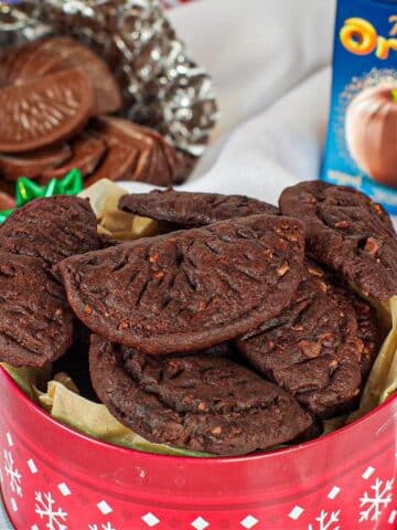 Terry's chocolate orange cookies recipes in a red Christmas tin
