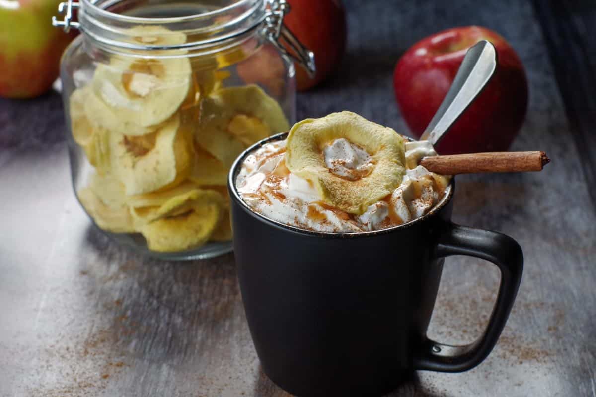 dehydrated apple garnish on a mug of apple cider with whipped cream