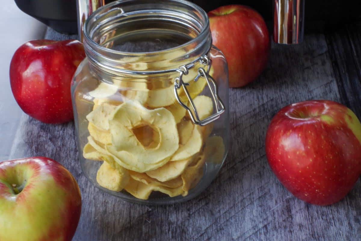 dehydrated apples in a clear jar