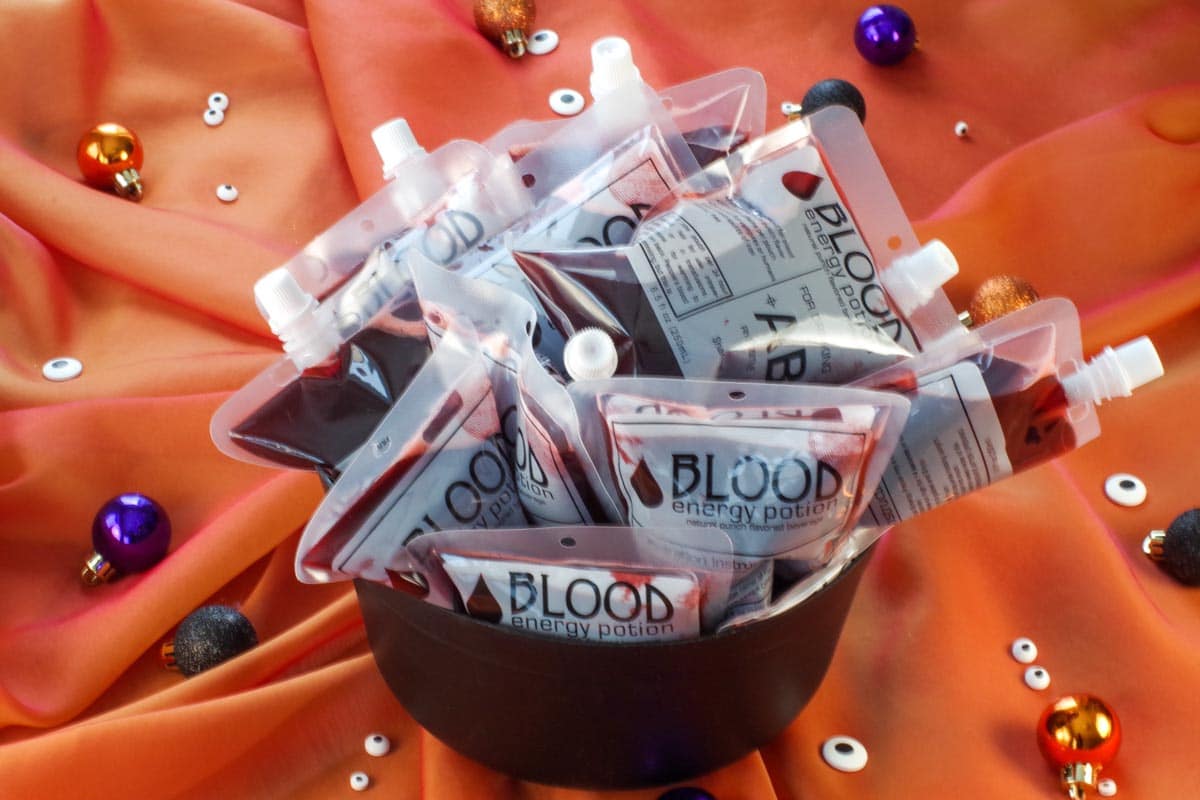 Halloween blood bags in a cauldron