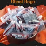 Halloween blood bags in a cauldron