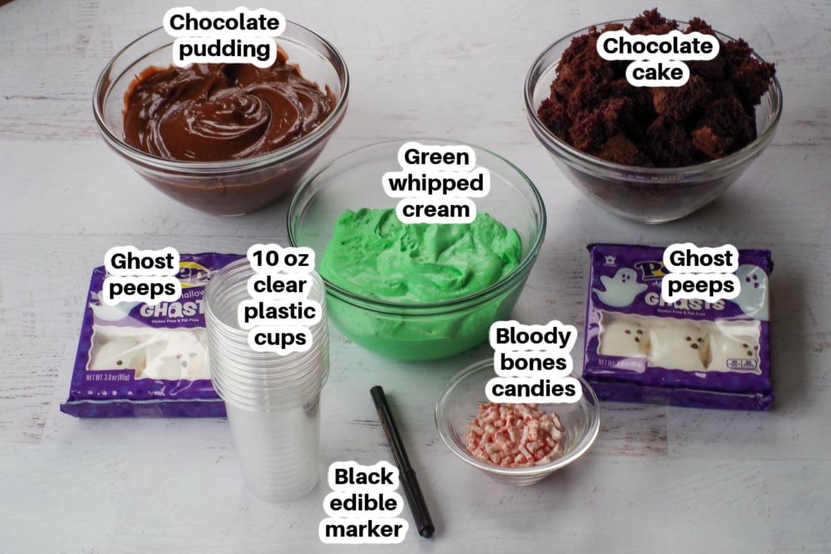 ingredients in Halloween Dessert Cups in glass bowls, labelled