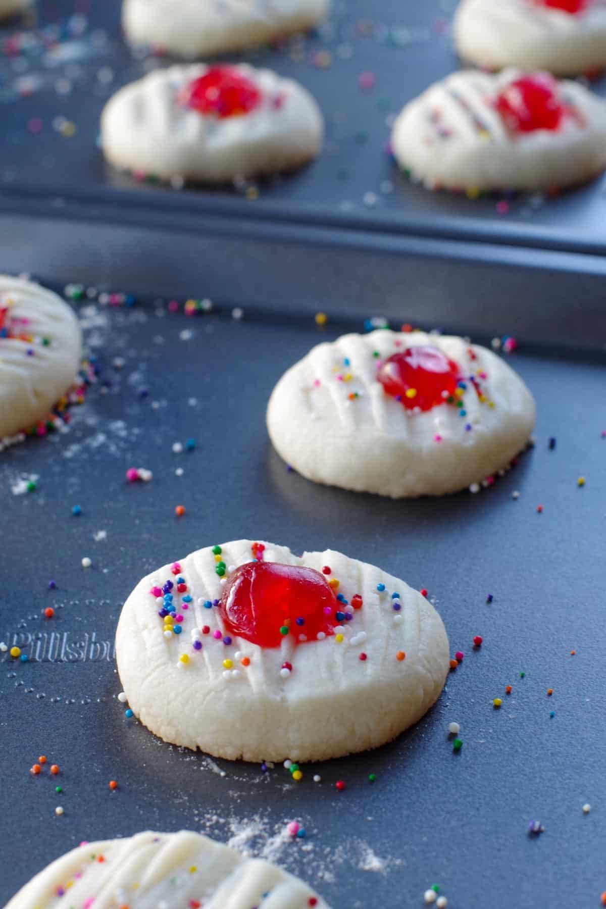 shortbread cookies with cornstarch on a baking sheet