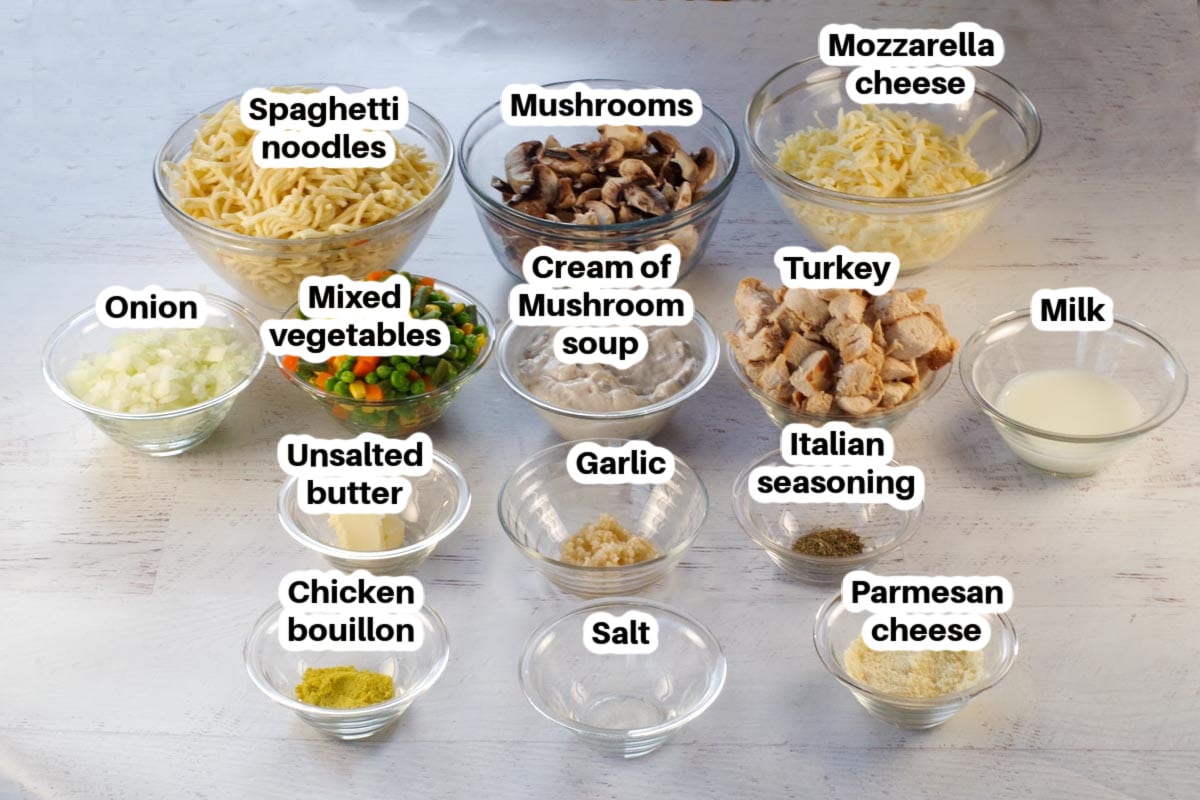 Turkey Tetrazzini ingredients in glass bowls, labelled