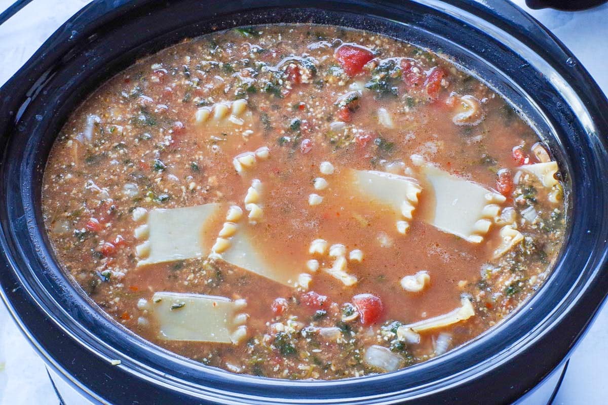 chopped lasagna noodles added to slow cooker soup