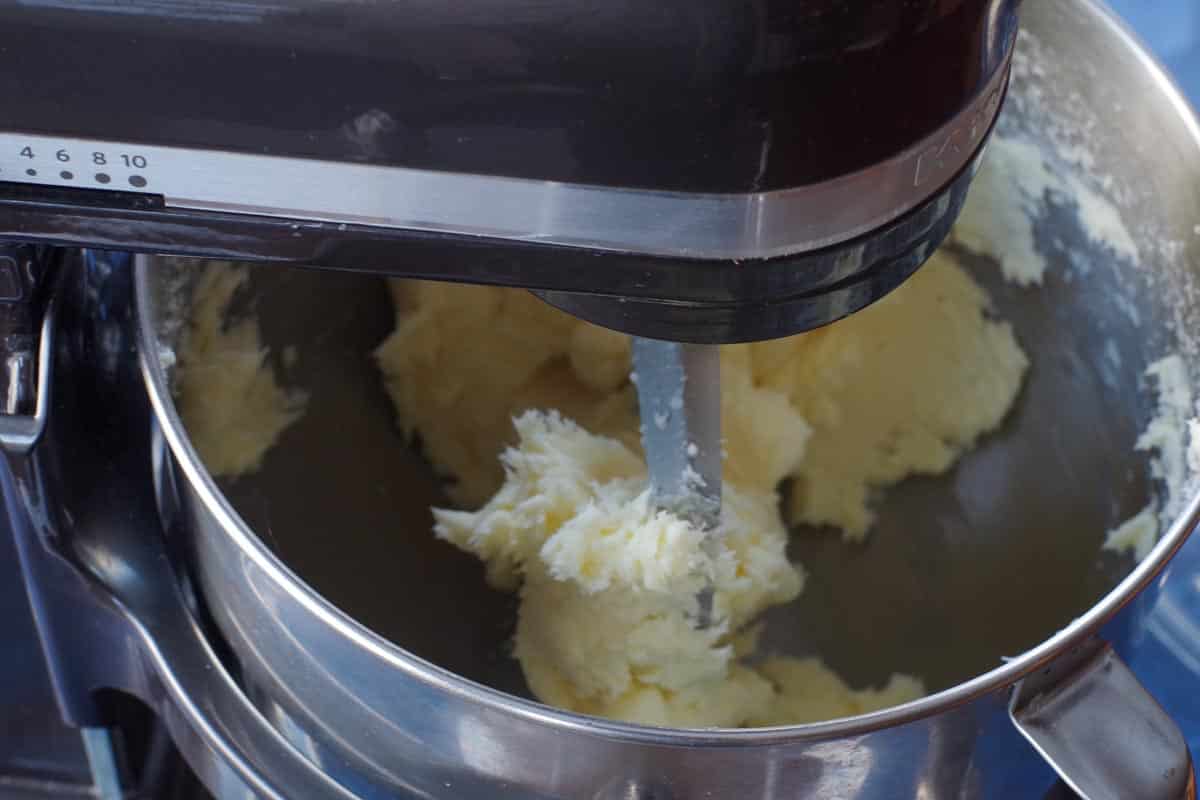 butter and powdered sugar mixed until combined and light and fluffy in stand mixer