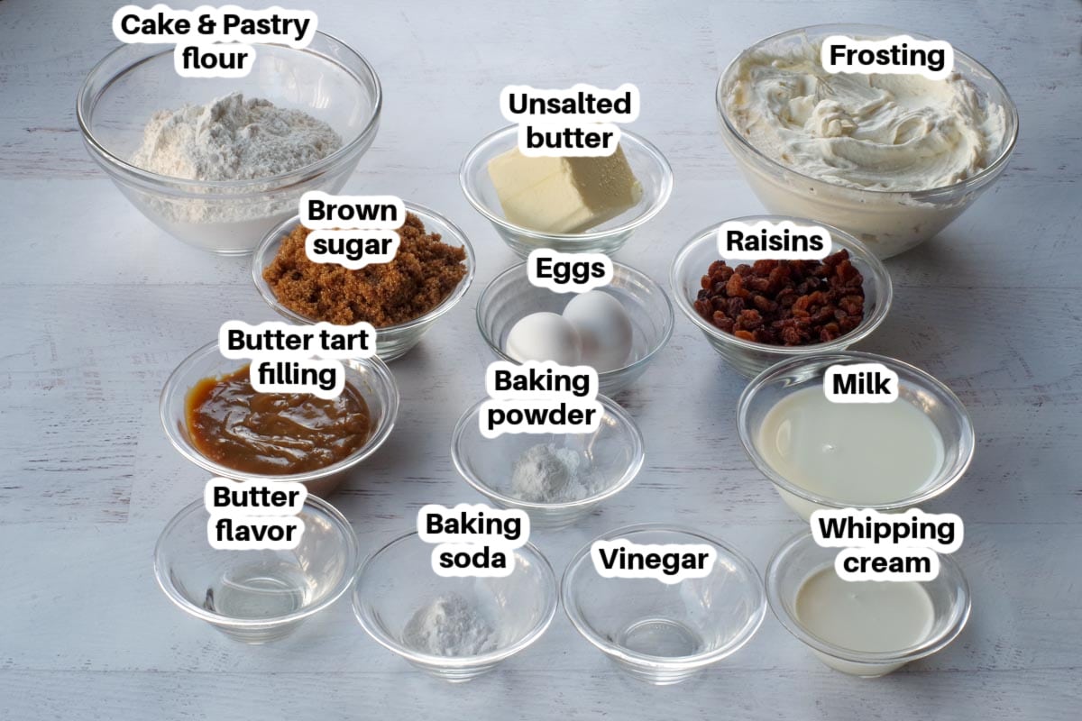 butter tart cupcake ingredients in glass bowls, labelled