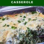 spinach artichoke casserole with some missing and wooden spoon in empty space