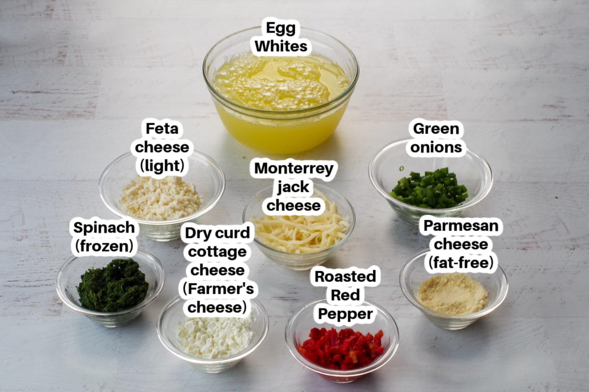 ingredients in egg white bites in glass bowls, labelled