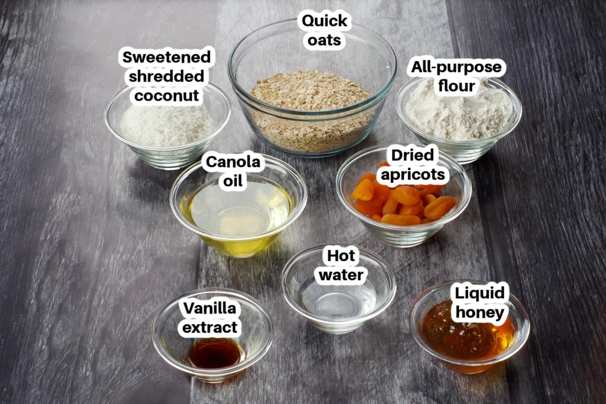 oatmeal apricot cookie ingredients in glass bowls, labelled