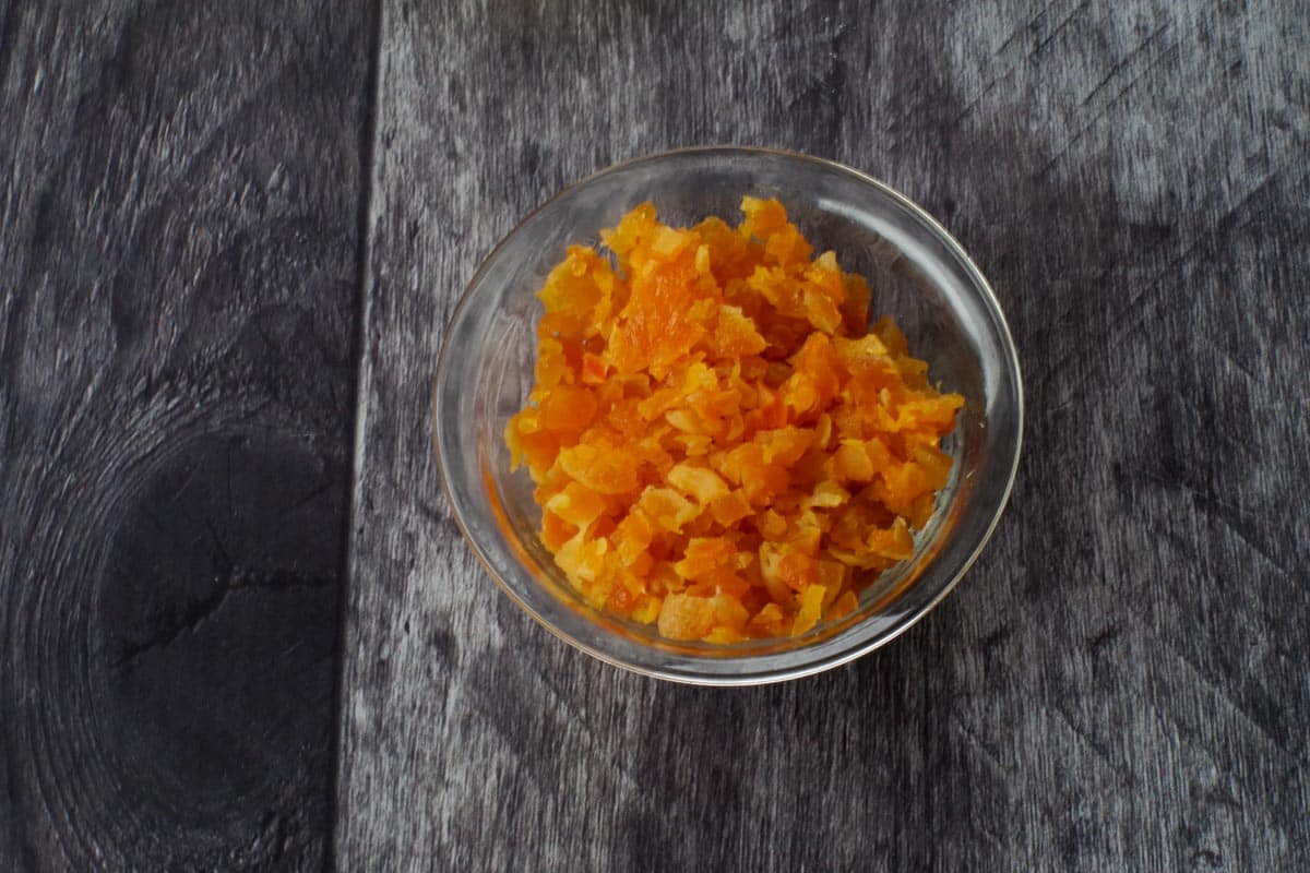 apricots chopped into small pieces in a glass bowl