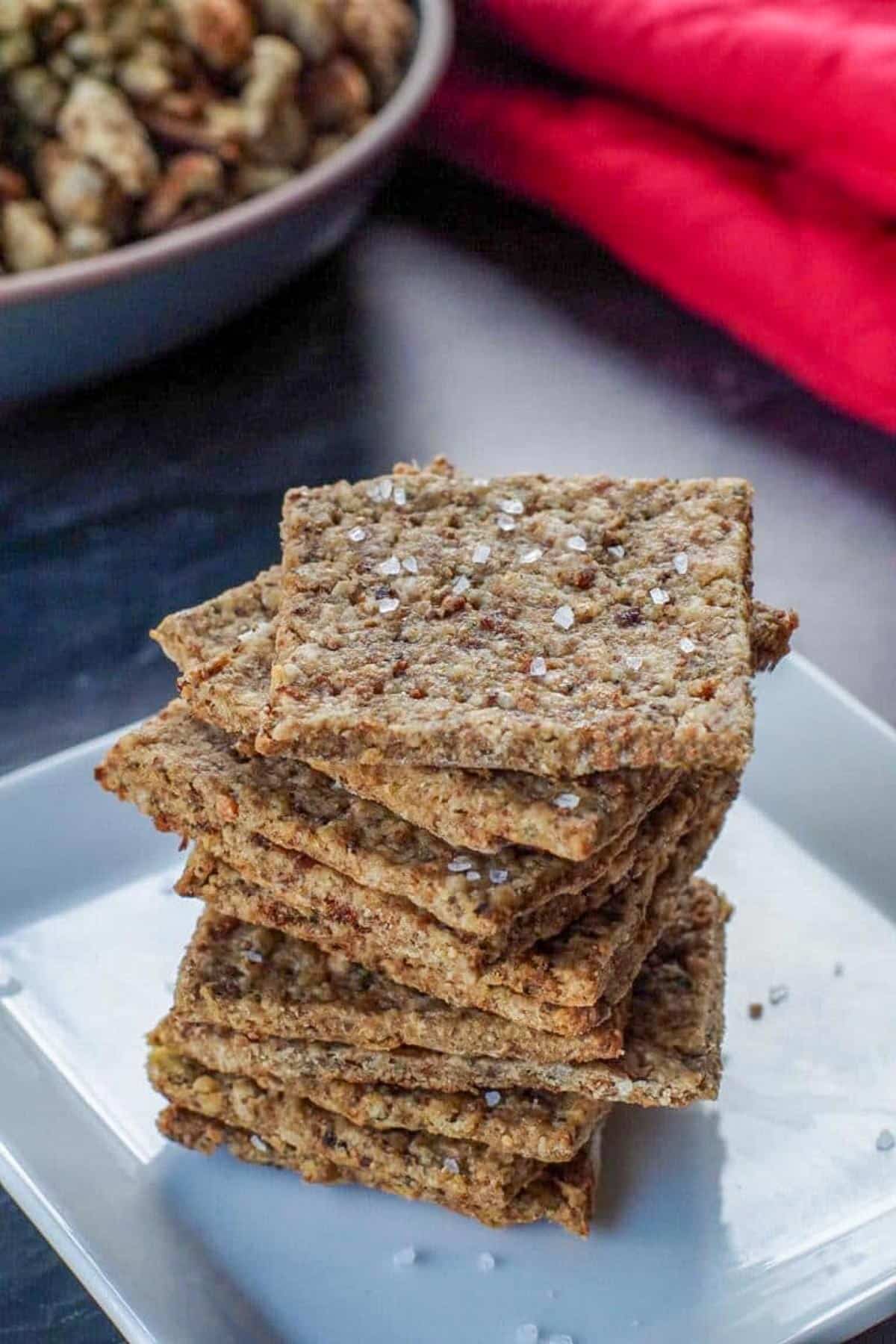 leftover stuffing crackers stacked on a white plate