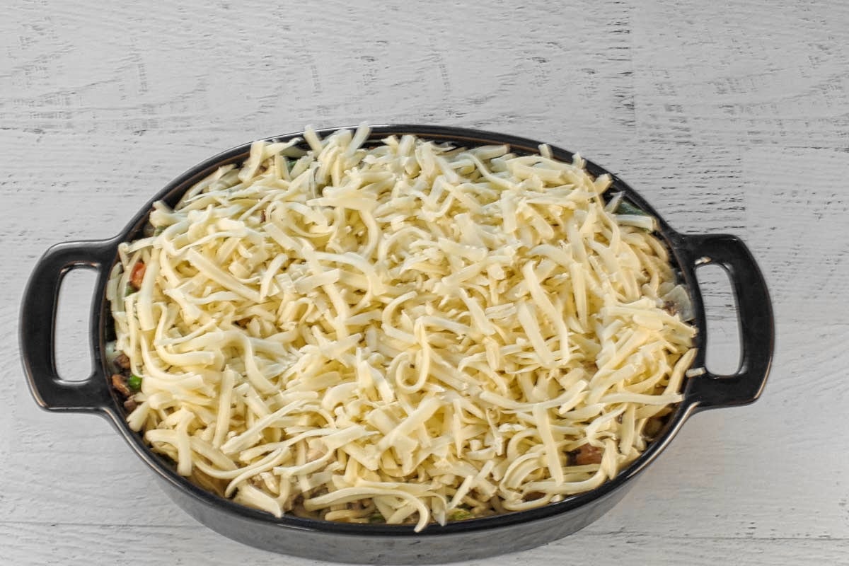 mozzarella cheese added to turkey tetrizzini casseerole