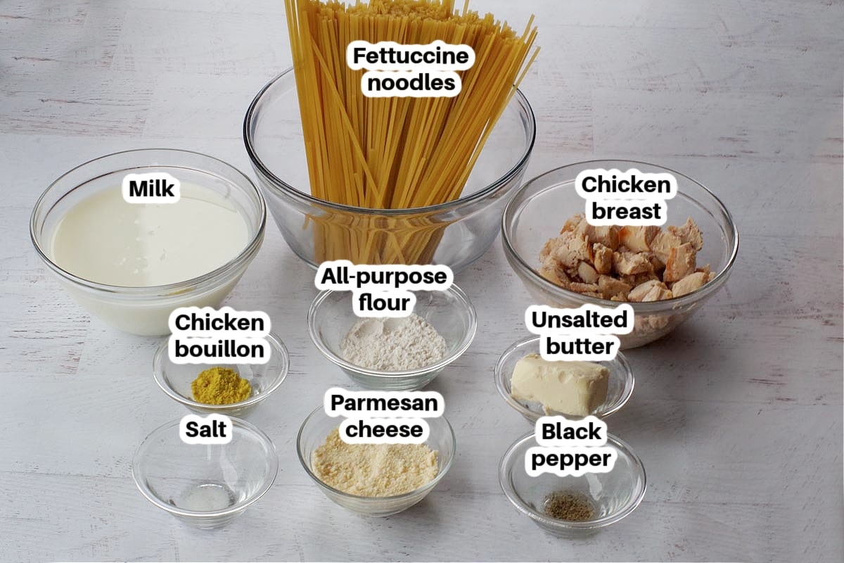ingredients in chicken fettuccine in glass bowls, labelled