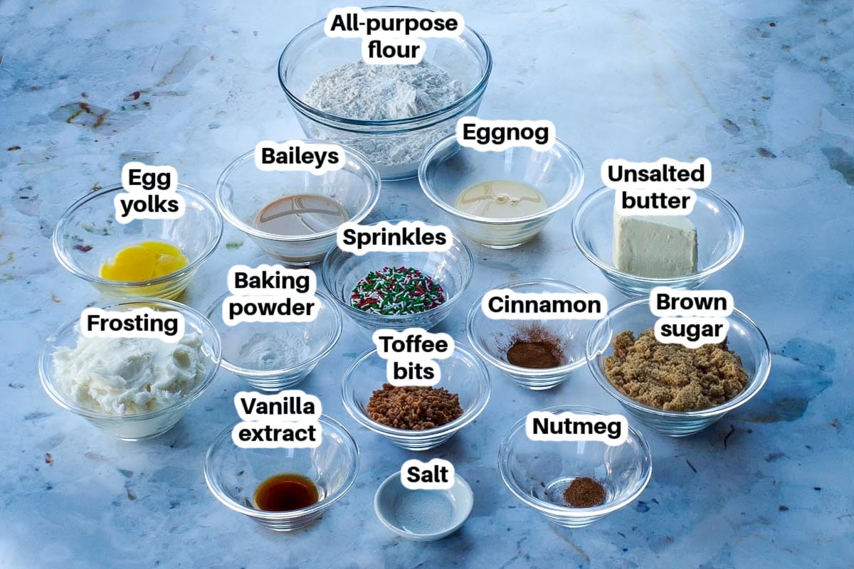 ingredients in Eggnog and Baileys Irish Cream cookies in glass bowls, labelled