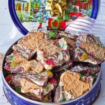 chocolate gingerbread bark in a festive container