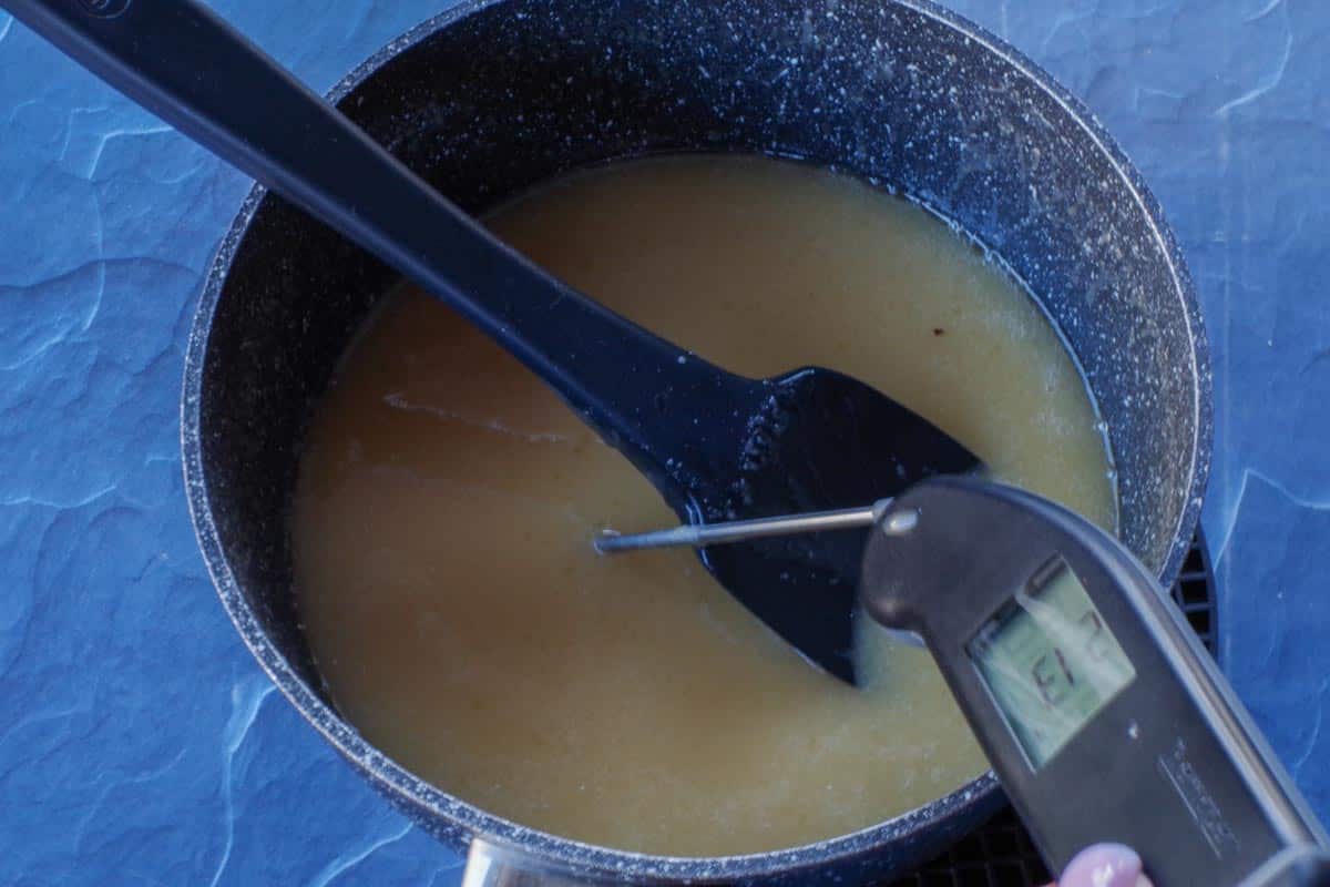 instant-read thermometer in saucepan with spatula