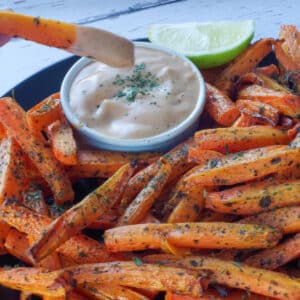 carrot fry being dipped into dip over a plate of more carrot fries