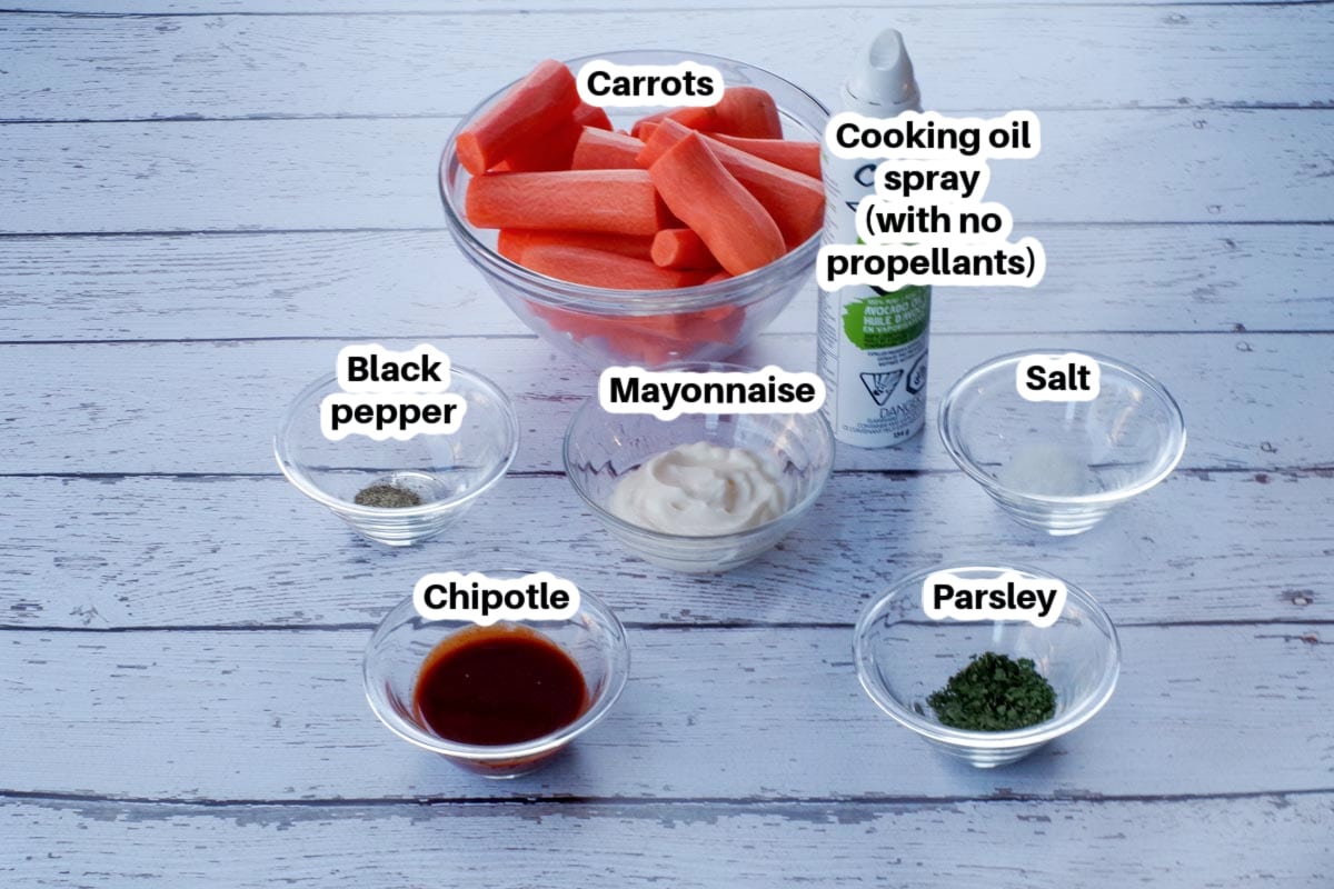 air fryer carrot fries ingredients in glass bowl, labelled