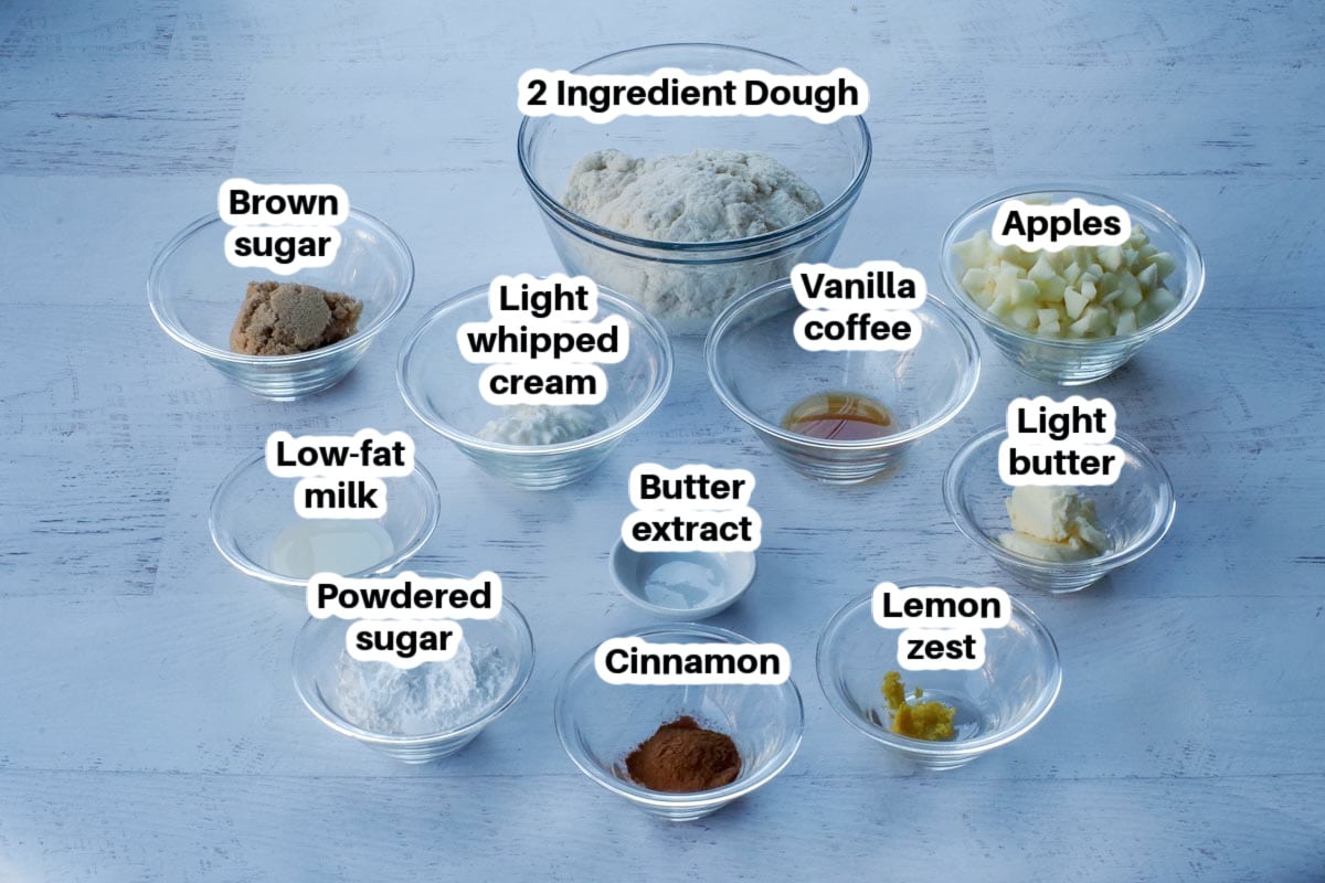 ingredients in apple pie 2 ingredient dough cinnamon buns in glass bowls, labelled