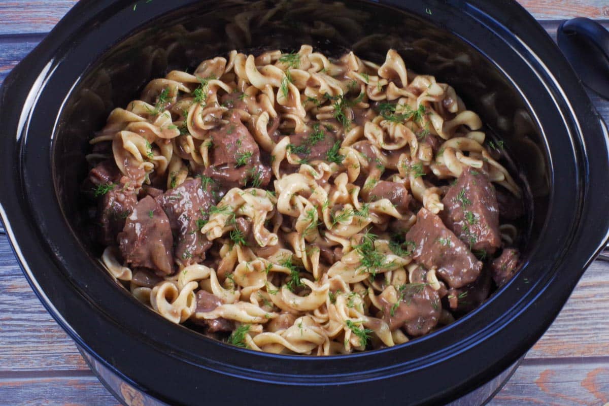beef stroganoff, with noodles added, in slow cooker