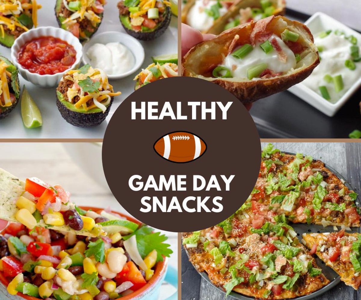 collage of 4 photos of game day snacks