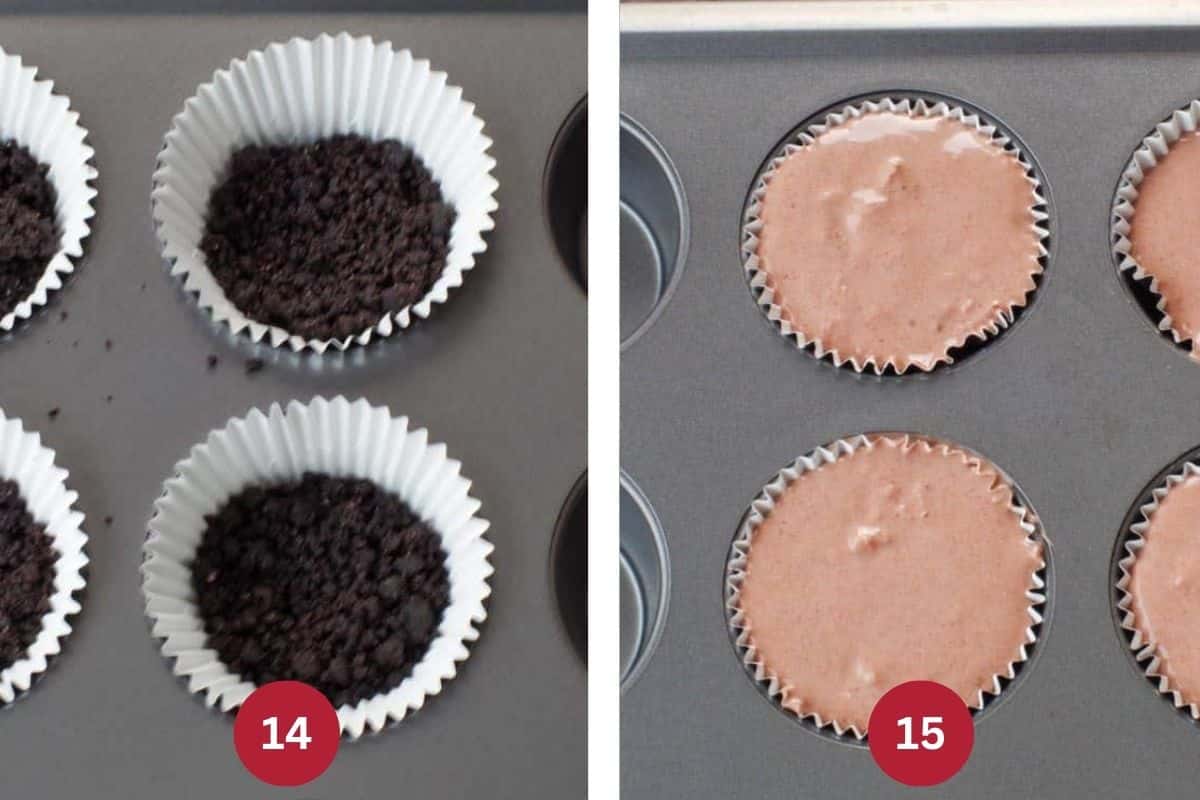 2 photos of leftover mix and crust from Valentine's Cheesecake being used to make mini cheesecakes in muffin tins