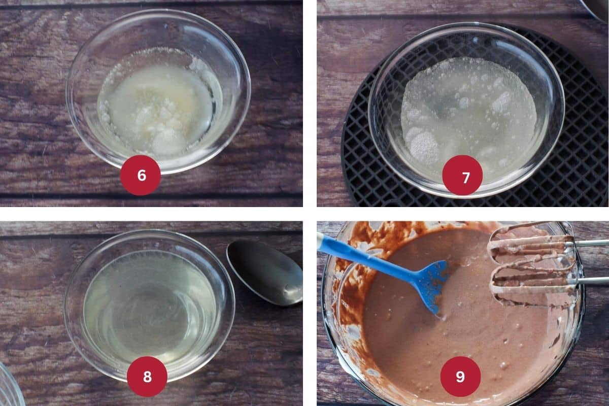 4 images of Valentine's day cheesecake being stabilized with gelatin.